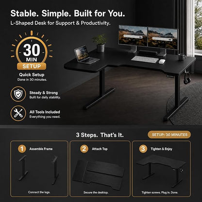 Grandder 47" L Shaped Standing Desk, Electric Height Adjustable Corner Stand Up Desk with Ergonomic Curved Round Corner for Small Apartment Home Office, Black Desktop Black Frame