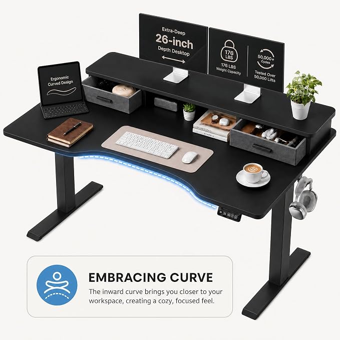 Grandder Electric Standing Desk with Two Drawers, Curved Desktop Sit to Stand Up Height Adjustable Desk with Storage Shelf for Home Office, 47 * 26 Inch, Ergonomic Adjustable Computer Desk, Black