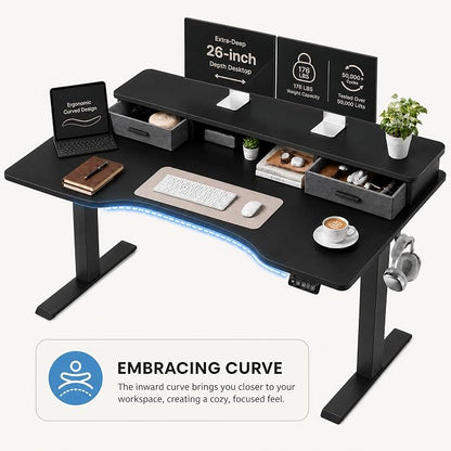 Grandder Electric Standing Desk with Two Drawers, Curved Desktop Sit to Stand Up Height Adjustable Desk with Storage Shelf for Home Office, 47 * 26 Inch, Ergonomic Adjustable Computer Desk, Black