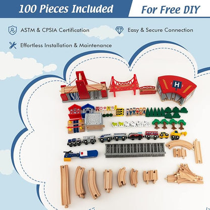 Costzon 2-in-1 Wooden Train Table with Storage Drawer | Kids Activity Table w/ 100 Pieces Railway, Track, Cars, City, DIY Design, Reversible Tabletop, Gift for Boys Girls