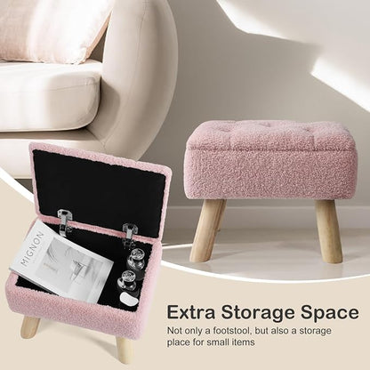 OGEMXU Storage Ottoman, Small Foot Stool Ottoman with Storage, Boucle Teddy Velvet Foot Rest with Padded Seat, Sturdy Wood Legs Stool for Living Room, Bedroom, Couch, Enterway (Pink)