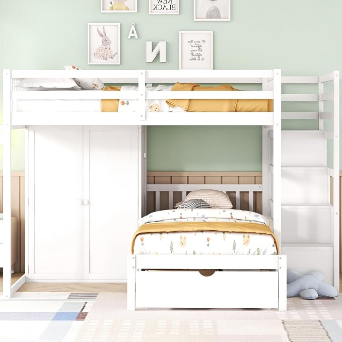 Ball & Cast Full Over Twin Bunk Bed with Safty Guardrail & Storage Stair,Wood Loft Bedframe W/Wardrobe & Drawers,Space-Saving Design,Easy Assembly,Versatile Furniture for Boy Girl Teen Bedroom,White