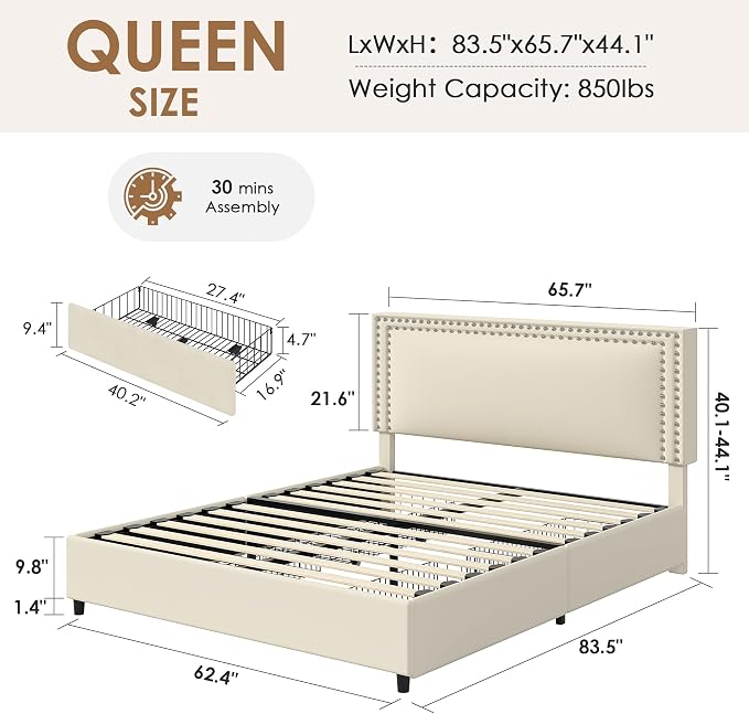 VECELO Queen Size Upholstered Bed Frame with 4 Storage Drawers, Adjustable Velvet Rivet Decor Headboard, Wooden Slats Platform Support, No Box Spring Needed, Easy Assembly,Beige