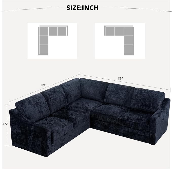 89" Chenille Sectional Sofa with High Density Sponge, Modern 5-Seats Corner Couch with Deep Seat, Comfy Modular L Shaped Couch with Comfortable Back Cushions for Living Room, Blue