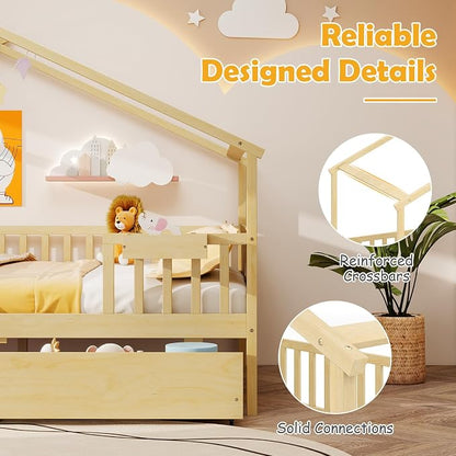 Giantex Full House Bed with Drawers, Wooden Full Size Bed Frame with Cube Storage & Fence Rails, Montessori Beds for Kids Boys Girls, Bedroom, Living Room, No Box Spring Needed, Natural