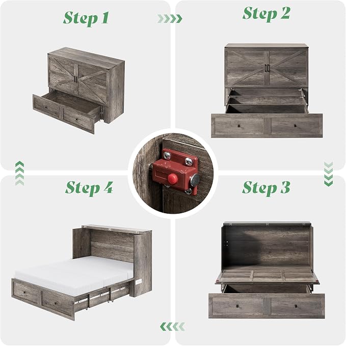 AMERLIFE Full Murphy Bed Cabinet with 6" Tri-Fold Memory Foam Mattress, Storage Drawer & Charging Station, Space-Saving Guest Bed for Home Office, Rustic Grey