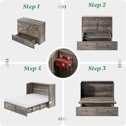 AMERLIFE Full Murphy Bed Cabinet with 6" Tri-Fold Memory Foam Mattress, Storage Drawer & Charging Station, Space-Saving Guest Bed for Home Office, Rustic Grey