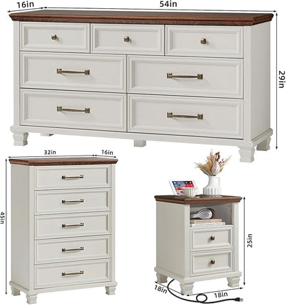SAVOR LIFE Farmhouse Dresser and Nightstand Sets 3 Piece, 5/7 Drawer Dresser & 2 Drawer Nightstand Set, Rustic Wood Bedroom Furniture Set for Home, Bedroom, Hallway, White