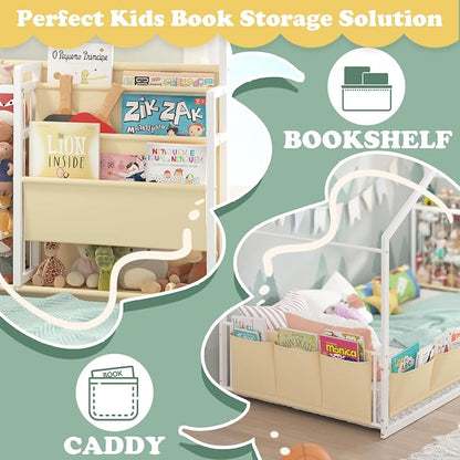 Timy House Bed Metal Montessori Bed with Stuffed Animal Storage & Bookshelf | Stuffed Animal Storage & 3-tier bookshelf. Includes detachable bedside caddies for an all-in-one book storage solution.