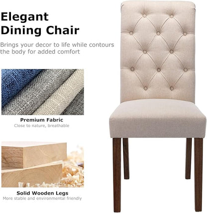 COLAMY Button Tufted Dining Chairs Set of 6, Accent Parsons Diner Chair Upholstered Fabric Dining Room Chairs Stylish Kitchen Chairs with Solid Wood Legs and Padded Seat - Dark Beige
