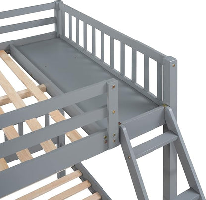 Wood Triple Bed Bunk Bed with 2 Storage Drawers, 3-in 1 Full Over Twin & Twin Bunk Bed Frame with Built-in Middle Drawer, Guardrail Ladder for Kids Teens Adults, Maximized Space Design (Grey1-full)
