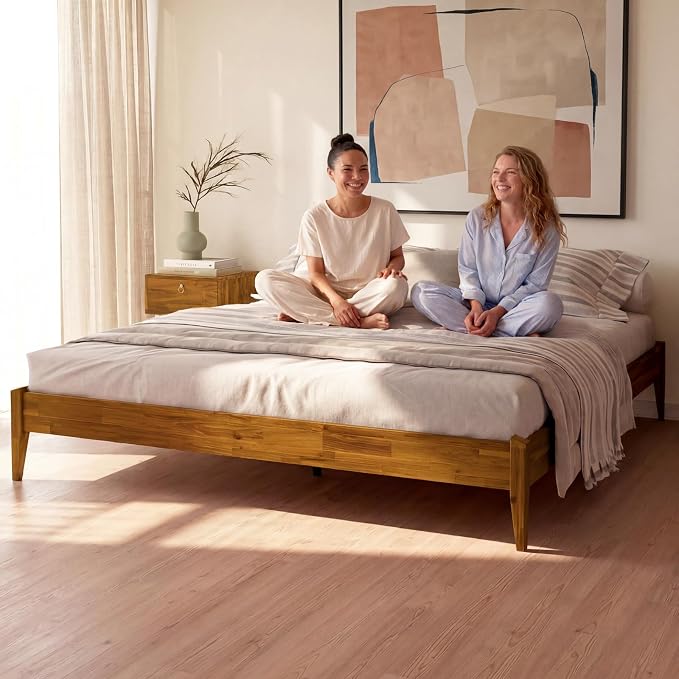 Bme Dinkee King Bed Frame Wood 15 Inch - Solid Wood Platform Bed Frame - Japanese Joinery Bed - Modern & Minimalist Style - Wood Slat Support - Easy Assembly - No Box Spring Needed - Caramel