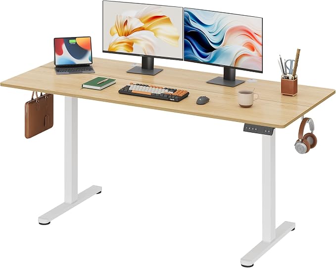 DEVAISE 63 Inch Electric Standing Desk, 3 Adjustable Computer Desk for Home Office, Ergonomic Sit to Stand Desk with LED Touchscreen，Headphone Hook, 3 Memory Preset, with Split Top, Maple