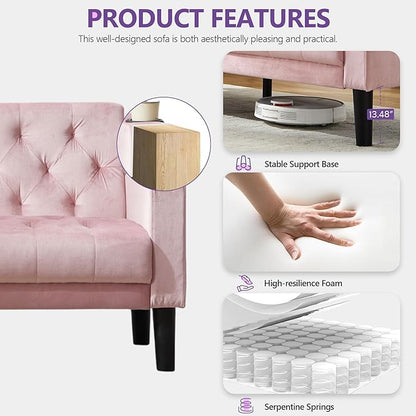 TYBOATLE Mid-Century Modern Tufted Pink Velvet Loveseat Sofa Set w/ 2 USB & 2 Cupholders, 3 Piece Living Room Furniture Sets, Small Love Seat Couches for Small Space Apartment Bedroom Office