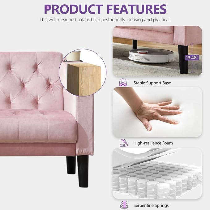 TYBOATLE Mid-Century Modern Tufted Pink Velvet Loveseat Sofa Set w/ 2 USB & 2 Cupholders, 2 Piece Living Room Furniture Sets, Small Love Seat Couches for Small Space Apartment Bedroom Office