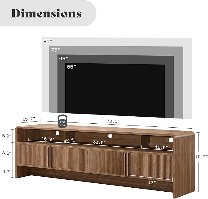 AMERLIFE 70" Fluted Wood TV Stand for TVs up to 80", Media Console Entertainment Center with Storage Cabinets for Living Room, Brown