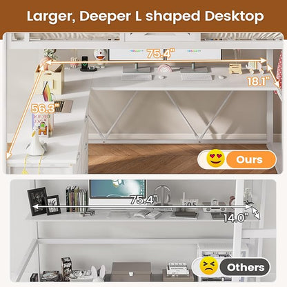 Itaar Full Size Loft Bed with Desk and Storage Stairs, Metal Loft Bed with 6 Storage Drawers, Hall Tree, LED Lights and Power Outlet, for Kids, Teens, Adults, (White, Full)