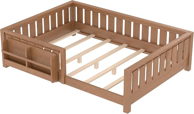 Bellemave Natural Montessori Floor Bed with Fence and Slats, Full Size Montessori Floor Bed with Bookcase and High Rails, Easy Assemble Bed Frame for Girls, Boys, Full
