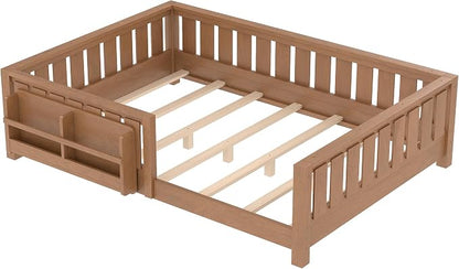 Bellemave Natural Montessori Floor Bed with Fence and Slats, Full Size Montessori Floor Bed with Bookcase and High Rails, Easy Assemble Bed Frame for Girls, Boys, Full