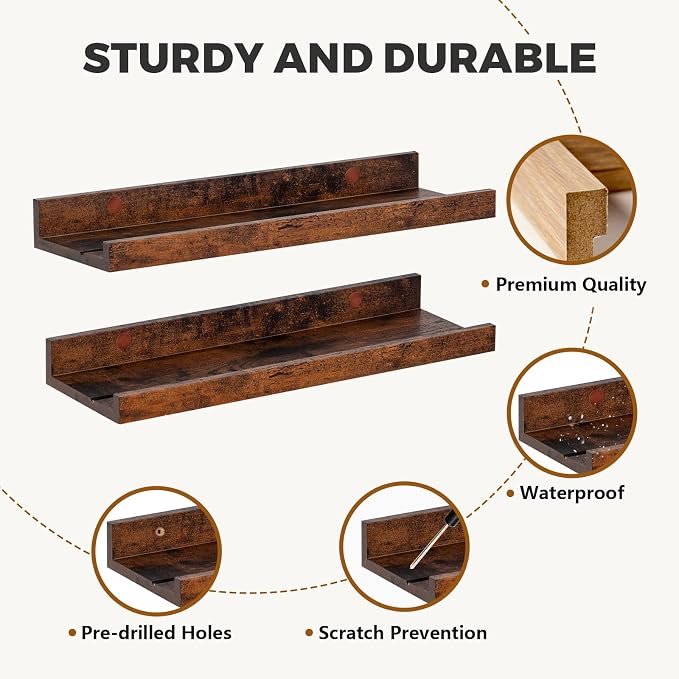Muzilife 16" Floating Wall Ledge Shelves with Lip - Set of 2 Wood Floating Shelves - Widened Honey Wall Mounted Picture Ledge for Office, Bathroom, Bedroom, Living Room, Kitchen