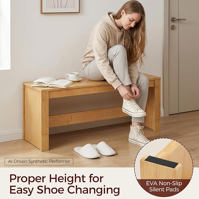 MAHANCRIS Entryway Shoe Rack Bench, 35.4 Inch Bamboo Dining Bench, Table Bench for Living & Dining Room, Kitchen, Bedroom, Bathroom, Hallway, Natural TBNA0501