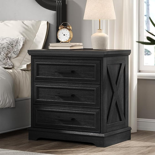 knoworld 24 Inch Wide Farmhouse Nightstands Set of 2 with Charging Station, Dark Gray Nightstand with 3 Large Drawers, Rustic Wood End Table for Bedroom