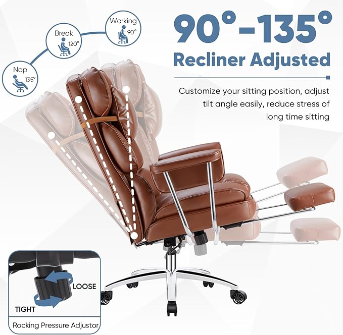 DUMOS Home Office Desk Executive Chair - Ergonomic Big Tall High Back with Footrest & Lumbar Support, Reclining Height Adjustable, Comfy PU Leather Computer Gaming with Swivel Wheels, Brown