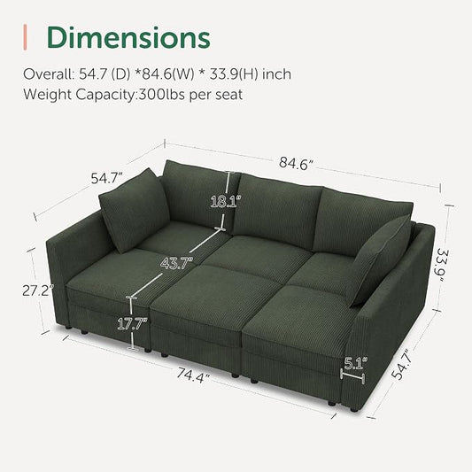 HONBAY Modular Sofa Sectional Sleeper Couch with Storage Modular Couch Convertible Couches for Living Room - Green