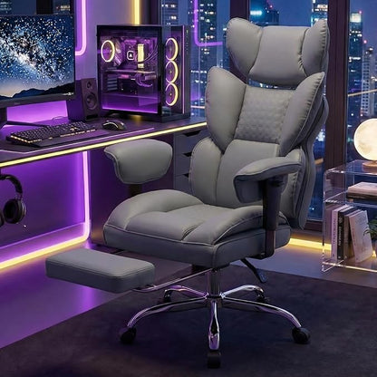 DUMOS Big and Tall Home Office Desk Chair, Ergonomic Executive Chair with Footrest, Computer Gaming Chairs with High Back Reclining, Adjustable Armrests and Comfy Lumbar Support, PU Leather, Grey