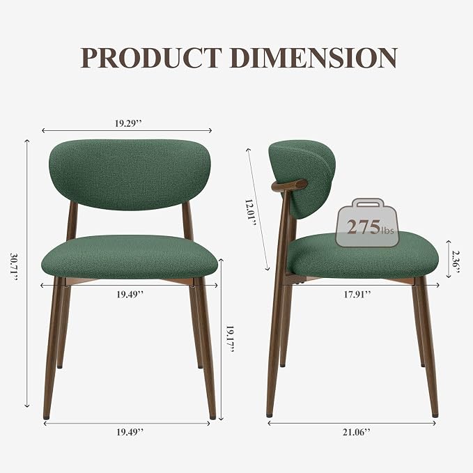 MALOL Upholstered Dining Chairs Set of 2, Curved Back Kitchen Chairs with Metal Legs and Anti Slip Pads, Dining Room Chair for Home and Restaurant, Green