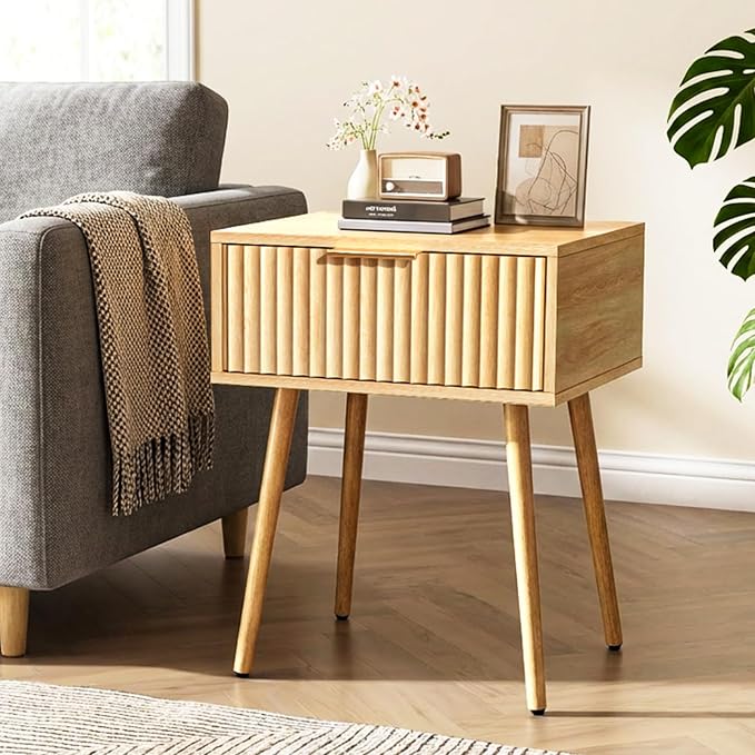 VINGLI Fluted Nightstand with Drawer, 19" W Mid Century Modern Nightstand for Bedroom, Bedside Table, End Tables Bedroom, Wood Night Stand, Oak, 18.9" W*14.96" D*24" H