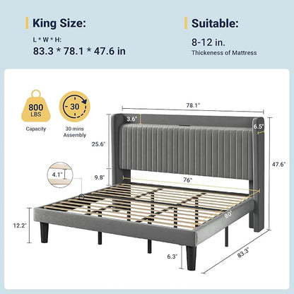 Allewie King Size Platform Bed Frame with USB Charging Station and Storage Shelf/Upholstered Velvet Wingback Headboard/Wooden Slats Support/No Box Spring Needed/Easy Assembly, Grey