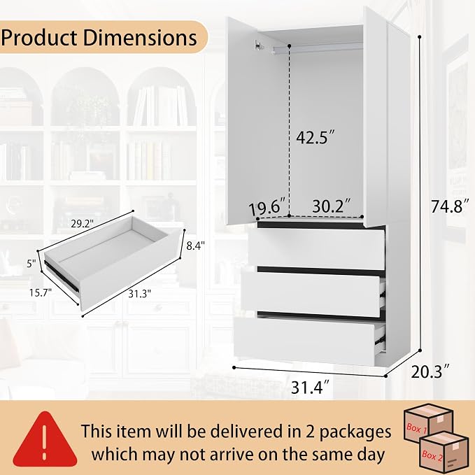 White Armoire Wardrobe Closet: 75" Large Wardrobe Closet with 4 Doors, Modern Bedroom Armoires with 6 Drawers, Tall Wood Closets for Bedroom