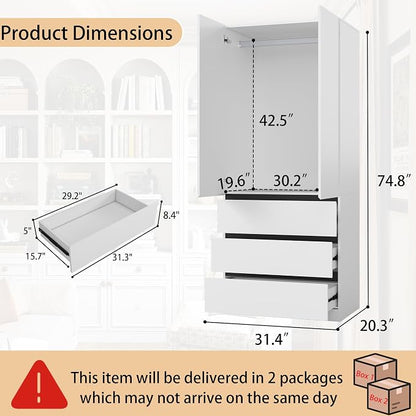 White Armoire Wardrobe Closet: 75" Large Wardrobe Closet with 4 Doors, Modern Bedroom Armoires with 6 Drawers, Tall Wood Closets for Bedroom