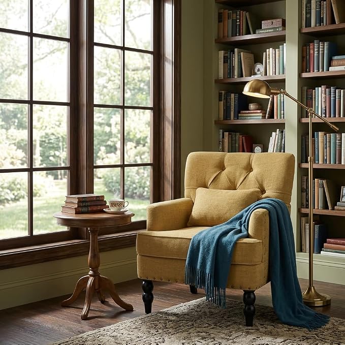 HUIMO Accent Chair for Living Room, Tufted Upholstered Club Chair with Lumbar Pillow, Vintage Reading Armchair with Solid Wood Legs for Bedroom Apartment, Mustard Yellow