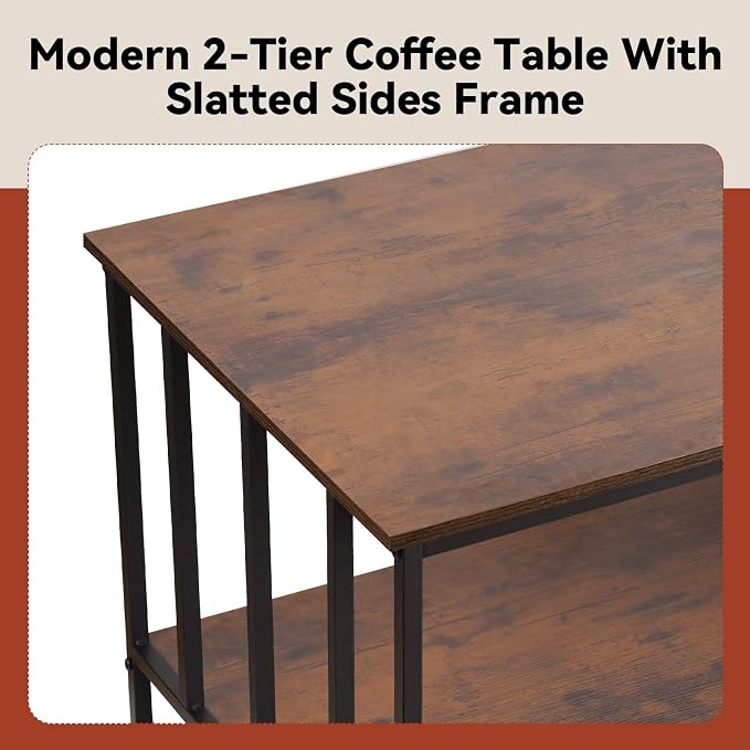 SENIG 2-Tier Coffee Table 39.4" with Slatted Sides Frame, Brown Oak | Industrial Wood and Metal Center Table for Home Office Kitchen 39.4" L x 21.7" W