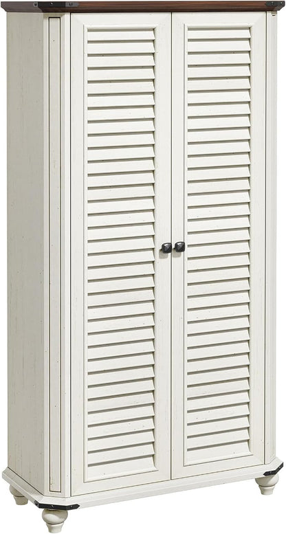DWVO 4-Tier Storage Cabinet with 2 Shutter Doors, Farmhouse Kitchen Pantry Cabinet with Adjustable Shelves, Wooden Cabinet for Kitchen, Dining Room, Living Room, Office, Rustic White