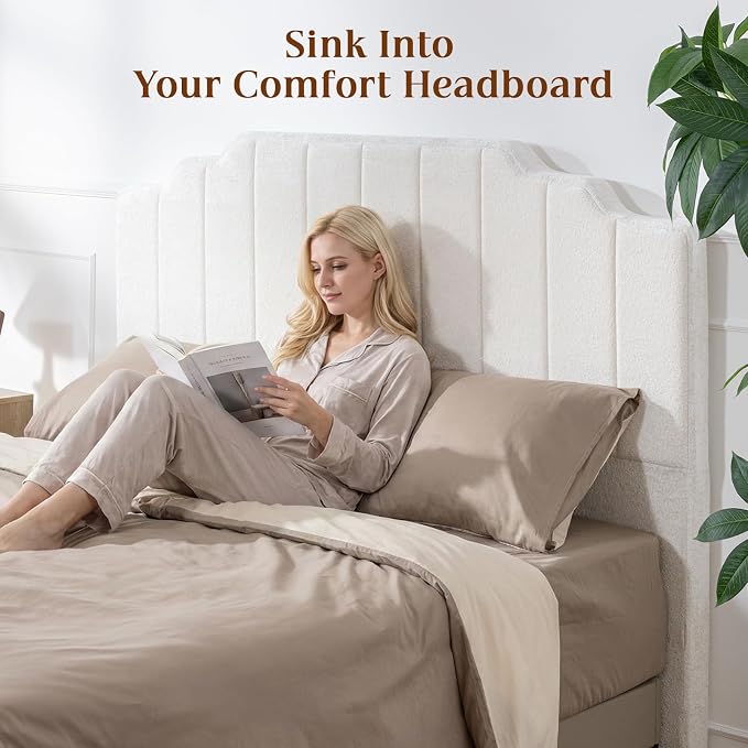 King Headboard Only - Beige Velvet Upholstered Headboard for Bed, No Assembly Required, Pure Sponge Design, Comfort Head Board, Place Between Bed & Wall, Vertical Stripe with Stepped Crown Top Edge