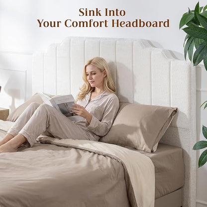 Twin Headboard Only - Beige Velvet Upholstered Headboard for Bed, No Assembly Required, Pure Sponge Design, Comfort Head Board, Place Between Bed & Wall, Vertical Stripe with Stepped Crown Top Edge