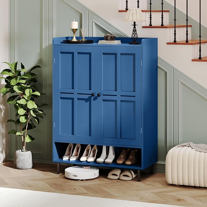 Shoe Storage Cabinet with 2 Doors, 6-Tier Shoe Cabinet with 3 Adjustable Shelves and Metal Legs, 45'' Tall Shoe Rack Organizer Cabinet for Entryway, Front Door, Blue