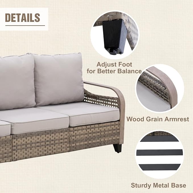 Modern Wicker Patio Sofa, Rattan Outdoor Couch for Small Balcony, 3 Seat Couch Furniture Set for Garden Deck Backyard, Brown/Gray