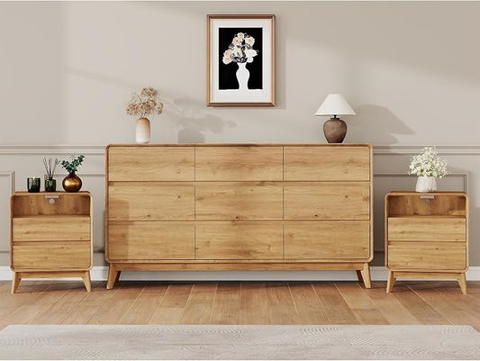 3-Piece Farmhouse Bedroom Storage Set, 9-Drawer Dresser & Nightstands Set of 2 with Charging Station, Handle-Less Design, Rounded Corners, Anti-Tip Safety Furniture, Natural