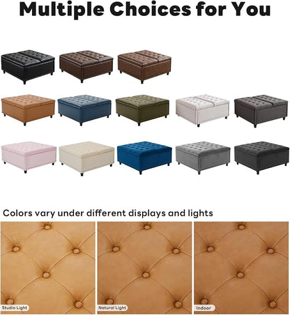 Tbfit Large Square Storage Ottoman Bench, Tufted Upholstered Coffee Table Ottoman with Lift Top & Wooden Legs, Oversized Storage Ottomans Toy Box for Living Room (Camel PU)