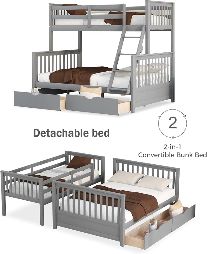 Merax Wood Bunk Bed with Drawers,Convertible Wood Bunk Bed with Ladders and Two Storage Drawers,Solid Wood Detachable Bed Frame with Ladders,Twin Over Full Size,Grey