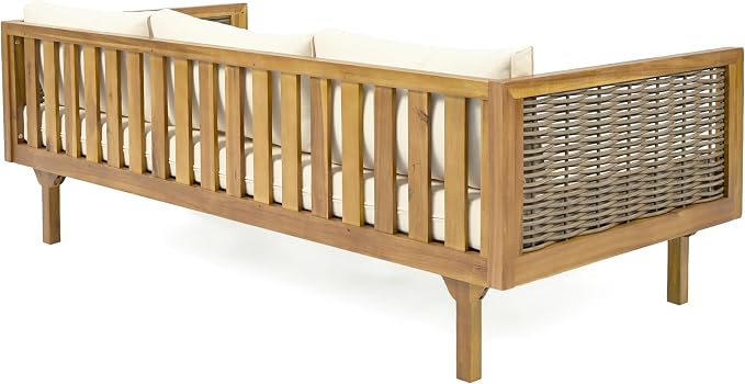 Merax Outdoor Acacia Wood Conversation Set - Patio 3-Seat Loveseat Sofa w/Coushion and Round Coffee Table for Backyard, Lawn, Balcony, Teak+Beige