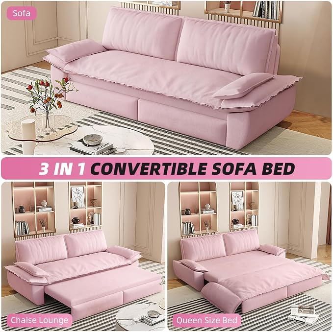 73.2" Sleeper Sofa Bed Queen Size, 3-in-1 Convertible Couch, Modern Pull Out Couches, Comfy Velvet Futon Sofa, Cloud Loveseat Lounge, Pillow Arm for Small Spaces, Living Room, Apartment, Pink
