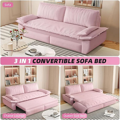 73.2" Sleeper Sofa Bed Queen Size, 3-in-1 Convertible Couch, Modern Pull Out Couches, Comfy Velvet Futon Sofa, Cloud Loveseat Lounge, Pillow Arm for Small Spaces, Living Room, Apartment, Pink