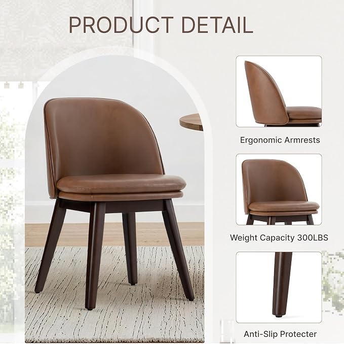 KISLOT Wooden Dining Chairs Set of 4, Faux Leather Upholstered Modern Dining Room Chairs with Double-Layer Thick Seat Cushion & Ergonomic Backrest for Restaurant, Kitchen and Café, Brown, 2 Boxs