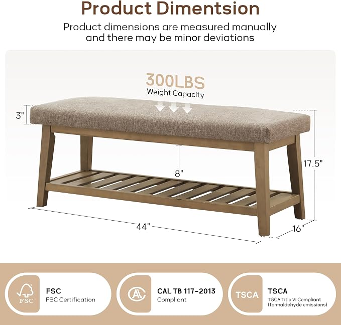 Entryway Bench with Cushion, Upholstered Shoe Rack Bench with Solid Wood Shelf, 44" End of Bed Bench for Bedroom, Chenille Fabric Storage Bench for Entryway, Hallway, Living Room (Brown)