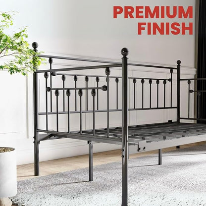 Golden Gate Beds Daybed Frame with Headboard, Without Trundle, Heavy Duty Metal Frame & Steel Slats Foundation, Upholstered Stylish Sofa Bed for Living Room, Bedroom, Guest Room - Black, Twin Size